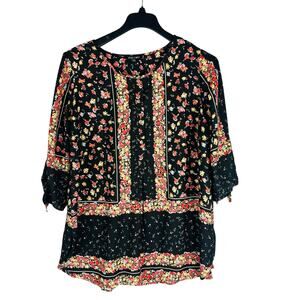 Roz & Ali Dress Barn Womans Sz 1X Plus Blouse Black Floral 3/4 Sleeve Boho